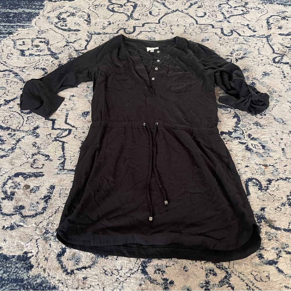 Lou & Grey Black Cinch Tie Waist Shirt Dress Sz M Rayon LBD Y2K Office